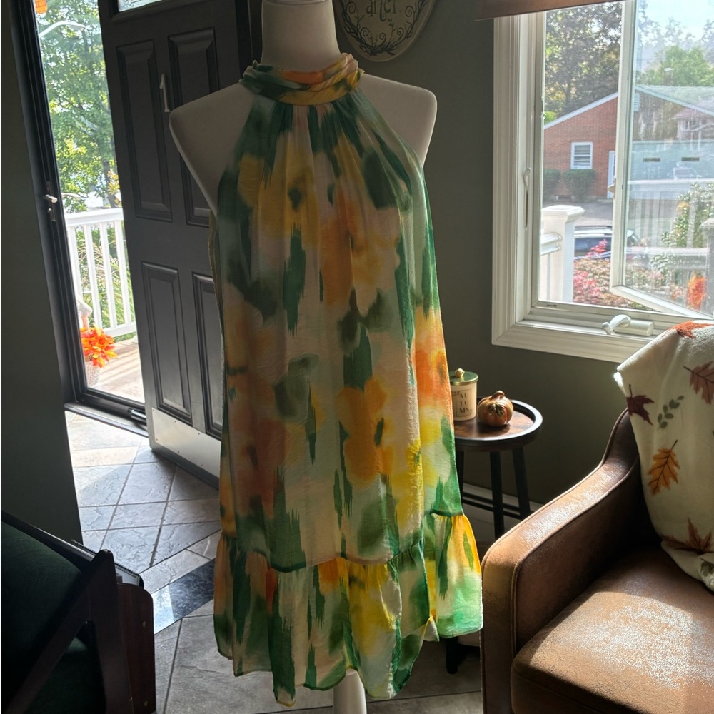 MSK Green and Yellow Floral Halter Dress